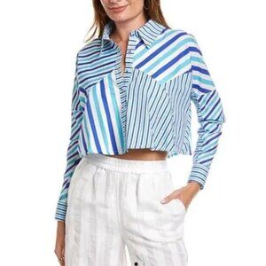 SOLID & STRIPED Emerson Blue Striped Poplin Cropped Button Down Shirt, Size S